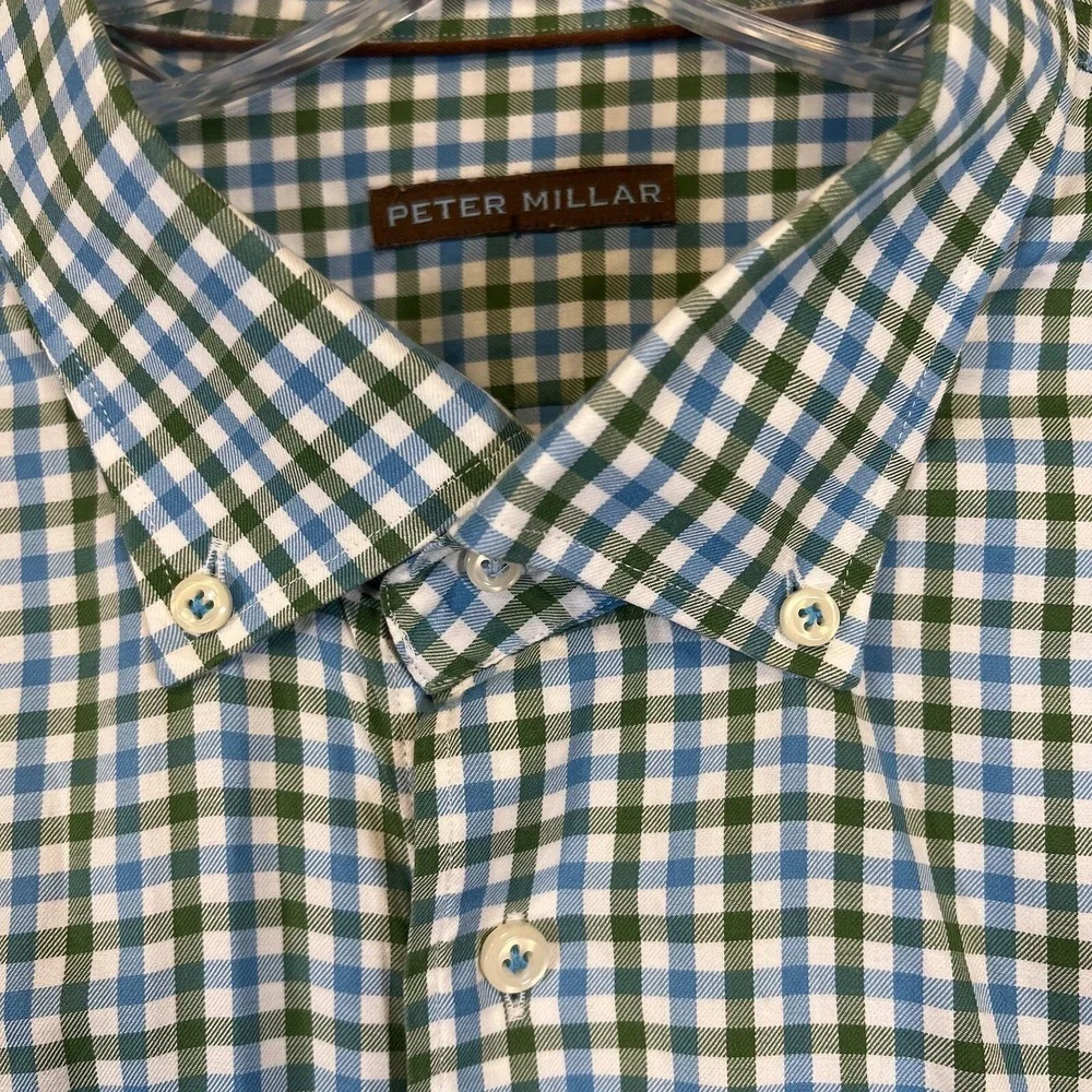VTG‎ Peter Millar Shirt Men's XXL 2XL Blue/Green Check Plaid Button Up Light